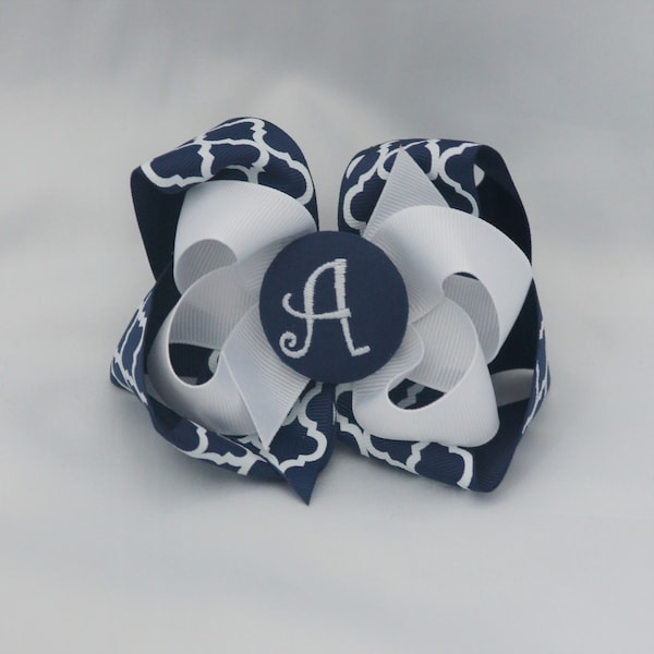 Navy and White Quatrefoil Mongrammed Button Hair Bow