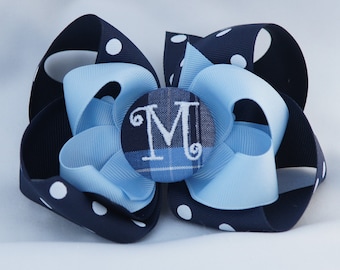 School Uniform Monogrammed Button Bow - Clear Blue Plaid Dots