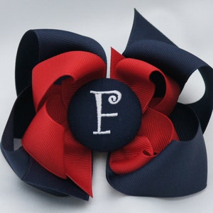 School Uniform Monogrammed Button Bow - Navy and Red