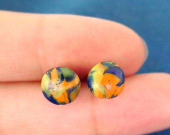 Cute tiny round stud colourful earrings - lime green orange and navy small gift for her - circular Polymer Clay with hypoallergenic backs