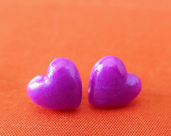 Shimmery purple heart stud earrings - small hearts for Valentine or best friend - handmade Polymer Clay earrings with hypoallergenic backs