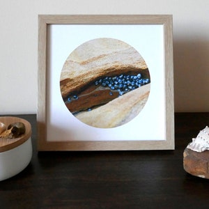 Photo print beach modern decor - sandstone and tiny blue shells Macro photo - beach vibes wall art, sea home decor