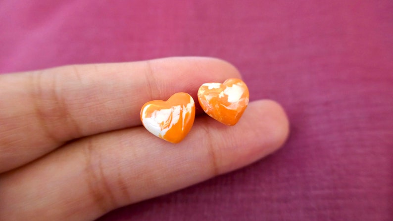 gifts for Mum Orange and white heart earrings Mother/'s day small heart studs handmade Polymer Clay and hypoallergenic surgical steel