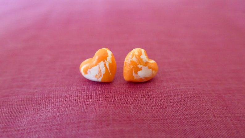 gifts for Mum Orange and white heart earrings Mother/'s day small heart studs handmade Polymer Clay and hypoallergenic surgical steel