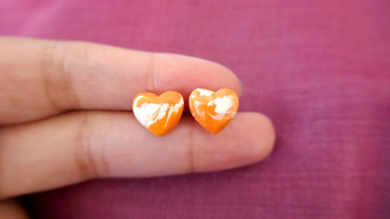 gifts for Mum Orange and white heart earrings Mother/'s day small heart studs handmade Polymer Clay and hypoallergenic surgical steel