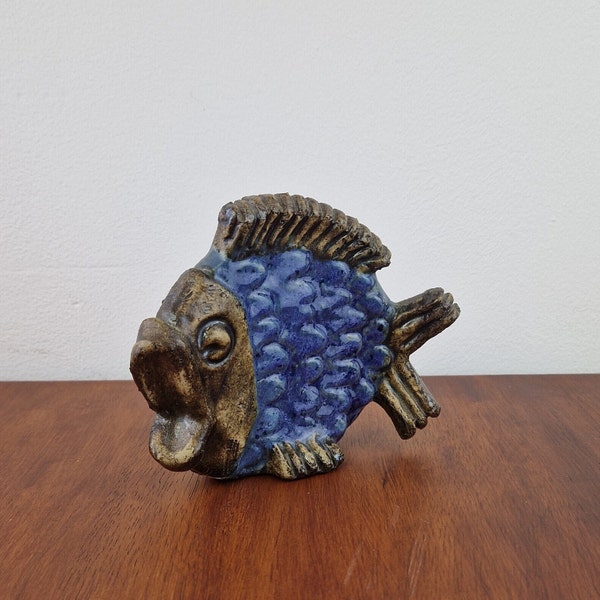 Mintage, marked, EGO stengod,s W Fisher ,fish statue, figurine, made in Sweden, ceramic, sculpture, pottery, scandinavian, nordic, scandic