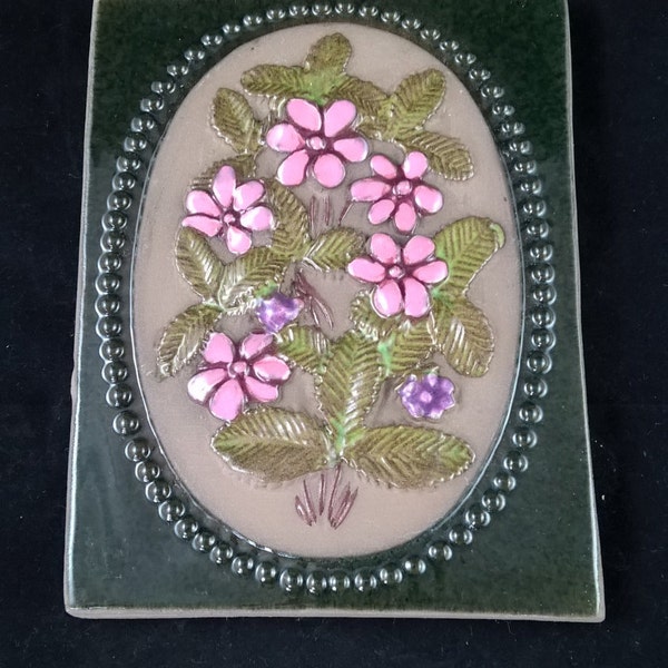 Vintage plaque Jie Gantofta Jie Sweden Linnea Smaland Floral Pottery floral Plaque Green Square Yellow flowers linnea sweden swedish home