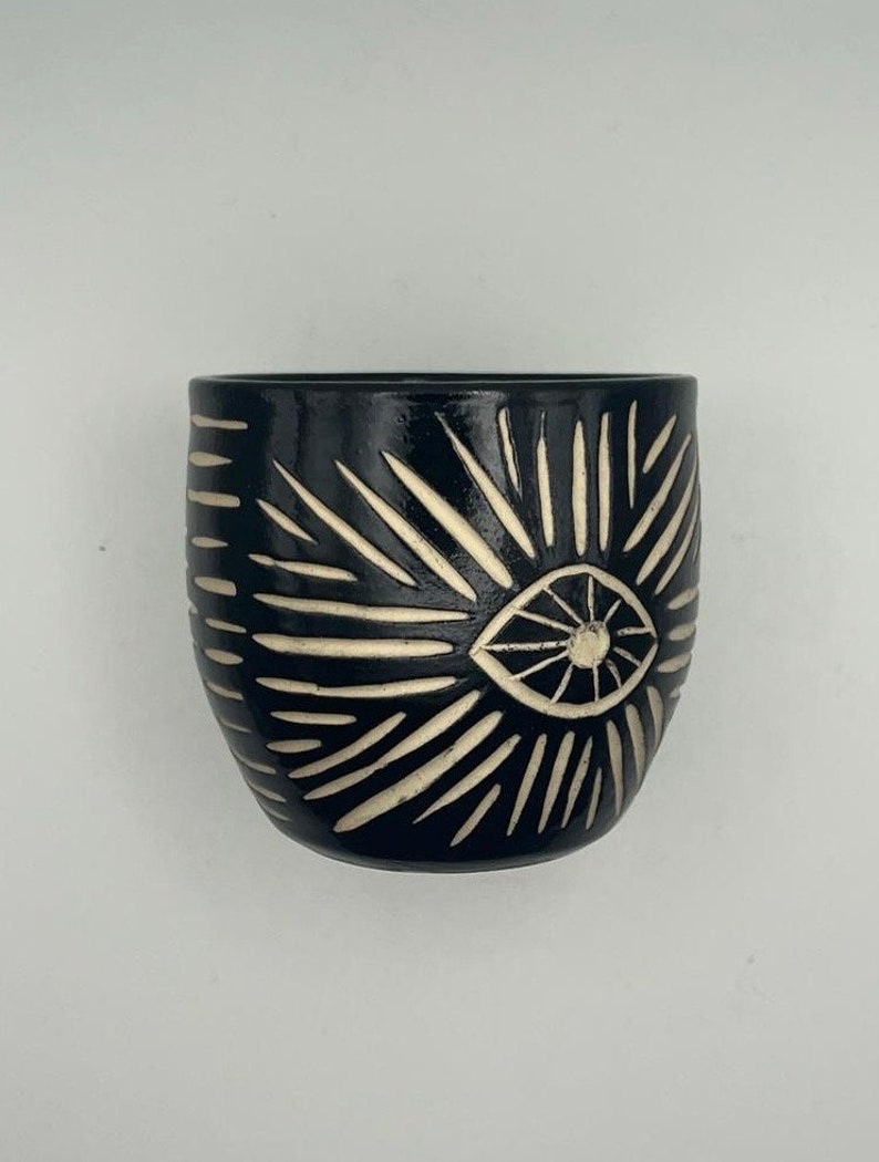 Handmade Ceramic Eye Handleless Hug Mug Black image 1