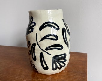 Handmade Ceramic Abstract Flower Vase - White/Black