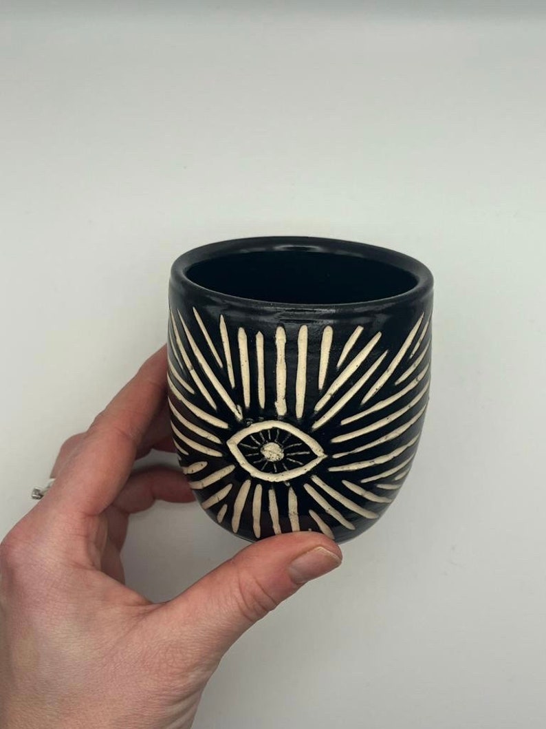 Handmade Ceramic Eye Handleless Hug Mug Black image 2