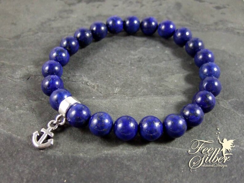Bracelet Lapislazuli with charm pendant anchor silver plumbered