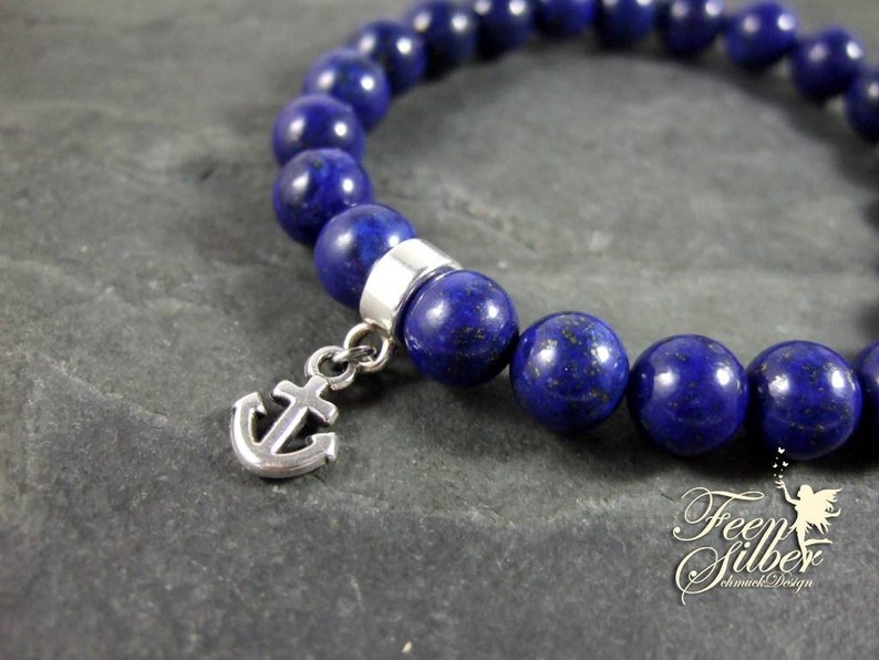 Bracelet Lapislazuli with charm pendant anchor silver plumbered