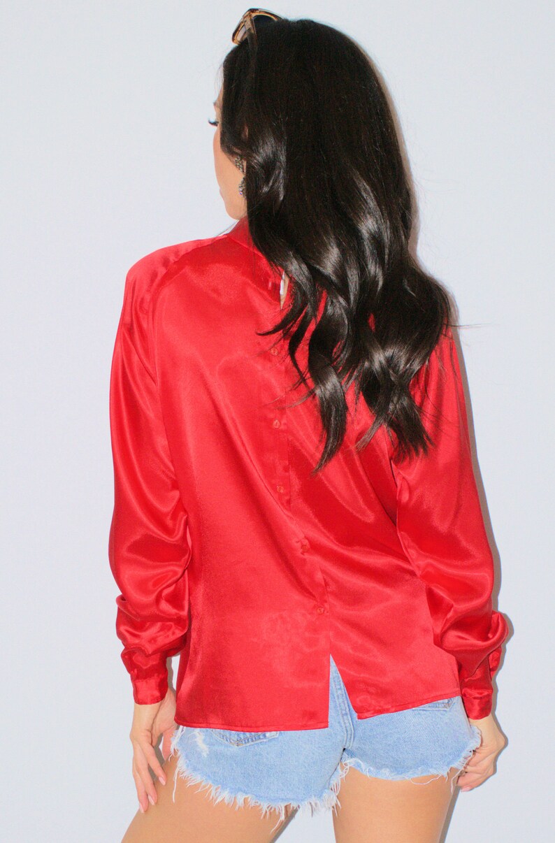 Red Satin Blouse Long Sleeve Mock Neck Career Top Shiny Silky Shirt Woman/'s Vintage 80/'s Size 8 Retro Vibrant Spring Summer Nautical