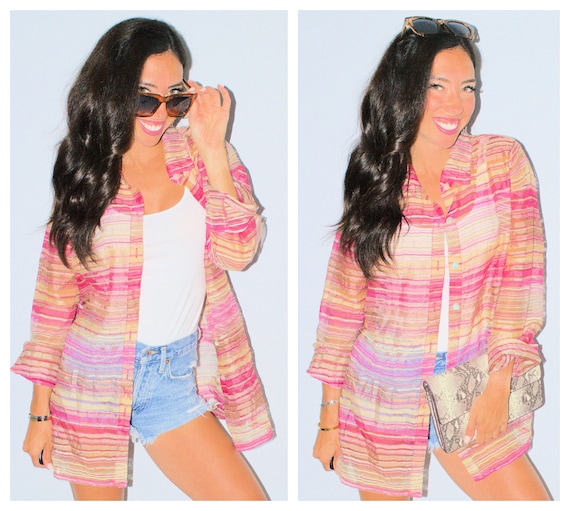 Pink Sheer Striped Kimono Button Up Overlay Tan Br