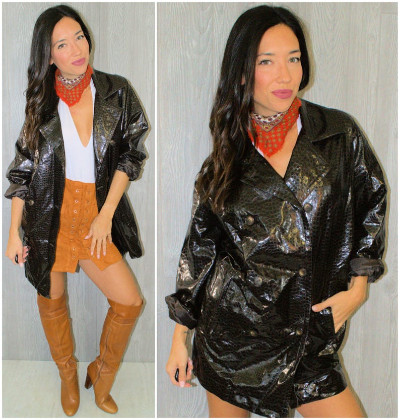 Faux Leather Jacket Snakeskin Pattern Dark Brown Pleather Coat Double Ted Pea Pvc Fall Winter 90 S Vintage Large Patent