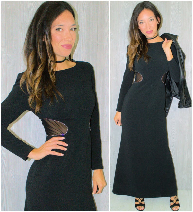 Black Cut Out Maxi Dress Long Sleeve Cocktail Mesh Sides Etsy