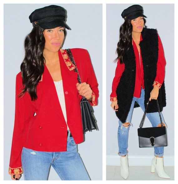 Red Blazer Gold Embellishment Double Breasted Holi