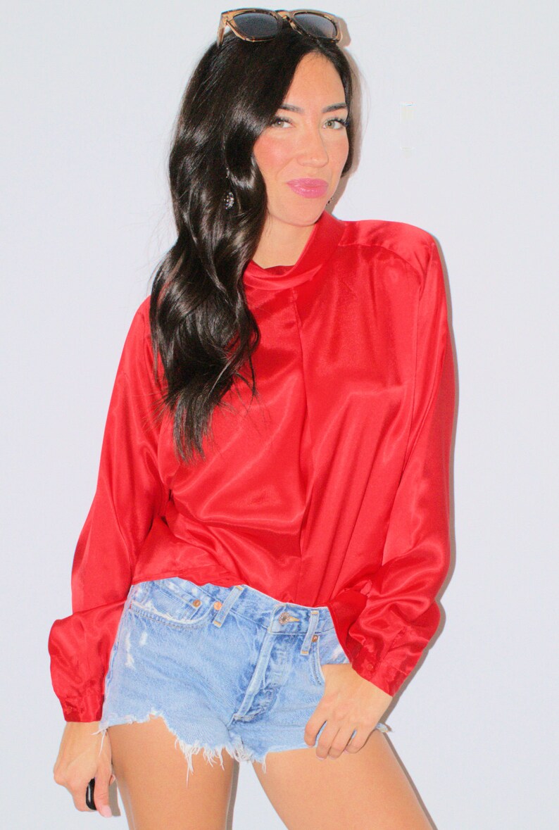 Red Satin Blouse Long Sleeve Mock Neck Career Top Shiny Silky Shirt Woman/'s Vintage 80/'s Size 8 Retro Vibrant Spring Summer Nautical