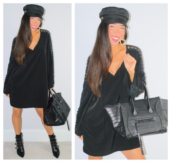 Black Cutout Sleeve Mini Dress Long Sleeve Tie Nec