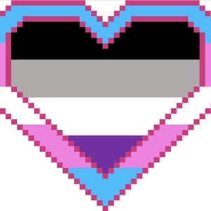 May include: A pixelated heart design incorporating the colours of the asexual pride flag: black, grey, white, and purple, and the transgender pride flag: pink, light blue, and white. The heart is outlined in pink and light blue.