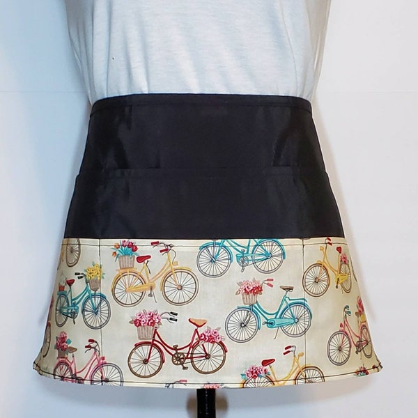 Gardening Apron - Bicycles and Flowers Half Apron with 6 pockets - Server/Teacher/Food Service/Vendor/Waitress/Unisex