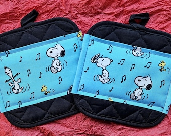 Handmade Snoopy and Woodstock Kitchen Pot Holders - Hot Pads - Happy Dance