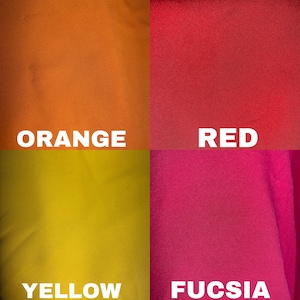 May include: A close-up of four fabric swatches in different colors: orange, red, yellow, and fuchsia. The swatches are arranged in a grid pattern.