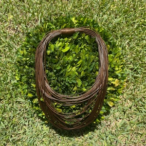 May include: A brown leather necklace with multiple strands, arranged in a circle, on a bed of green grass.