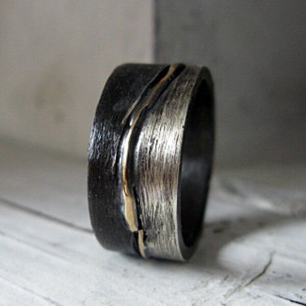 Size 10 Mens Wedding Band Mens Wedding Ring Silver Gold Ring Landscape Ring Oxidized Ring Black Gold Ring Artisan Boho Unique