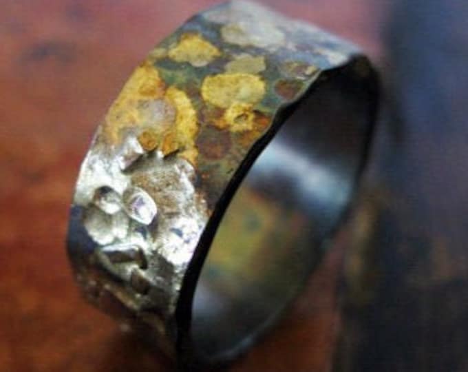 Hammered Silver Ring with Gold, Oxidized Silver, 18k, 14k, 10k, Handmade Ring, Unique Wedding Band, 10mm low some