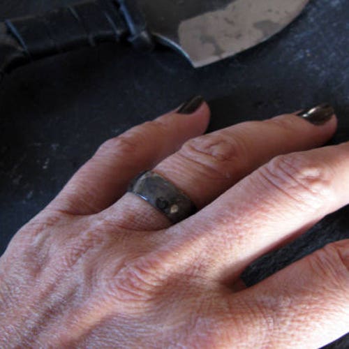 Shops 7mm - Hammered Silver Ring - Sterling Silver - Black Rhodium - Unisex Wedding Band - Handmade Ring