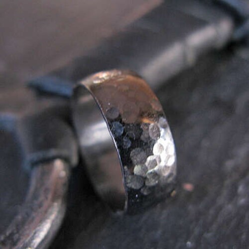 Shops 7mm - Hammered Silver Ring - Sterling Silver - Black Rhodium - Unisex Wedding Band - Handmade Ring