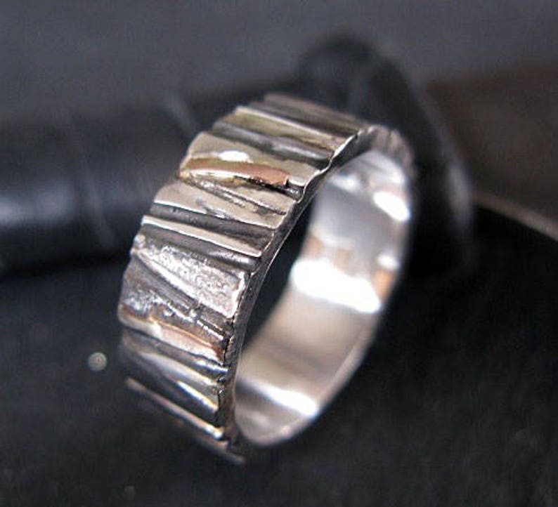 Mens Rustic Wedding Band 8mm Sterling Silver 14k Rose Gold Etsy