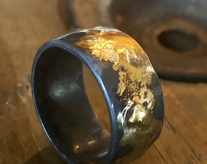 Black Gold Domed Ring 9mm Oxidized Sterling Silver Yellow Gold
