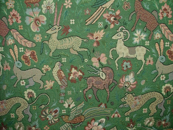 Green Tudor Forest Tapestry Vintage Fabric Curtain Upholstery Cushions Table Runner Etsy Canada