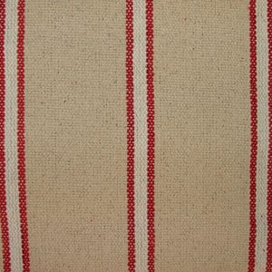 Puede incluir: Primer plano de una tela beige con rayas verticales. Las rayas alternan entre rojo y blanco, creando un patrón clásico y texturizado. La tela tiene un aspecto tejido, lo que sugiere un material natural.