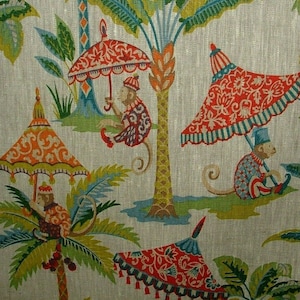 Monkey Parasol French 100% Linen Fabric Curtain Roman Blind Cushion Upholstery