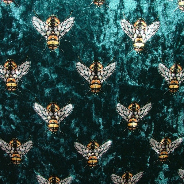 Petrol Luxurious Bees Plush Velvet Bee Fabric Curtain Upholstery Cushion Roman Blinds