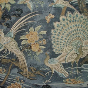 May include: An intricate illustration featuring peacocks and other birds, set amongst flowers and trees. The colour scheme includes blues, beiges, and golds, creating a vintage aesthetic. The artwork has a detailed, hand-painted style.