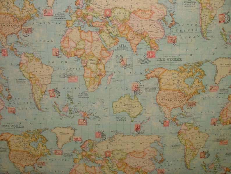 Vintage World Map Cotton Linen Fabric Curtain /& Upholstery 4 Colours 54/" Wide
