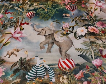 May include: A whimsical illustration featuring an elephant balancing on a red and white striped ball, with hot air balloons and floral elements. The artwork includes flying elephants, geese in striped shirts, and lush foliage, creating a dreamlike scene.
