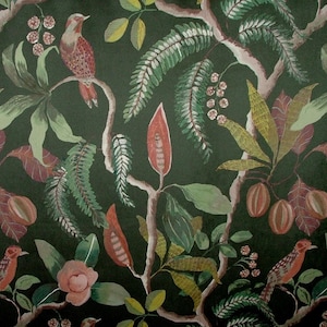 Colonial Birds Emerald Thick Plush Velvet Fabric Curtain Upholstery Cushion Use