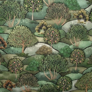 Green Meadow Tree Cotton Fabric Curtain Upholstery Cushion Blanket Throws Use