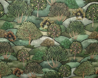 Cortina de tela de algodón con diseño de árbol de prado verde, tapicería, cojín y manta