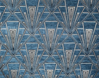 Gatsby Blue (Decadence) Art Deco Velvet Chenille Fibre Naturelle Curtain Upholstery Blind Fabric