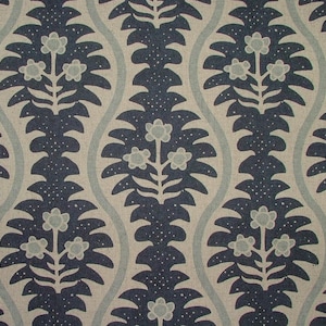 May include: A fabric with a repeating pattern of stylized floral motifs. The design features navy blue and light blue elements against a beige backdrop. The pattern is arranged vertically in a symmetrical manner.