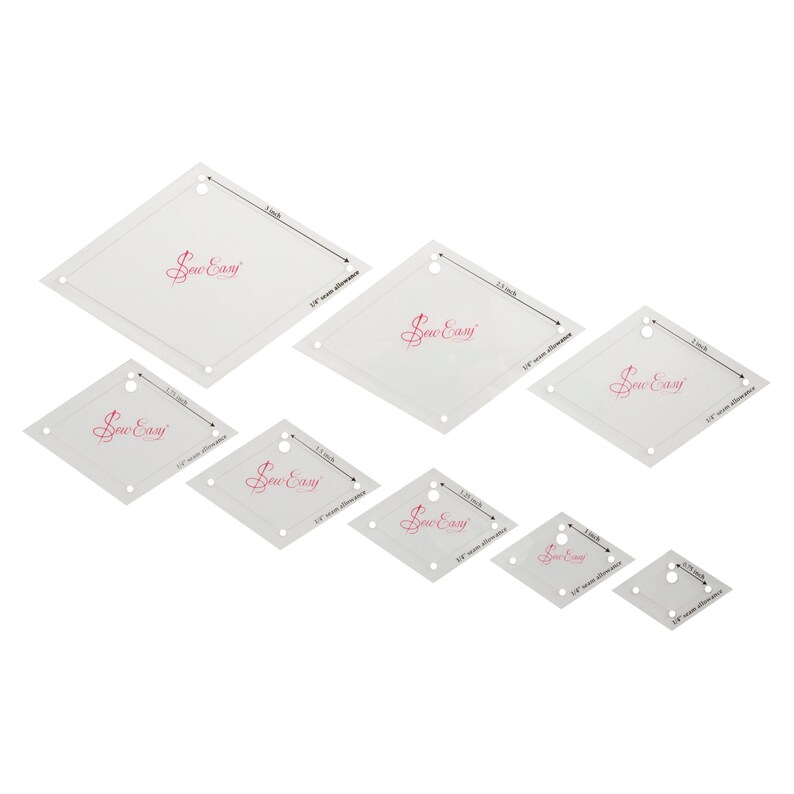 Puede incluir: Conjunto de seis plantillas de acolchado de diamante de pl&aacute;stico transparente con esquinas redondeadas. Las plantillas est&aacute;n etiquetadas con las medidas en pulgadas y el texto "Sew Easy".