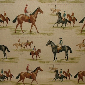 Vintage Ascot And Derby Horse Racing Cotton Fabric Curtain Upholstery Cushion