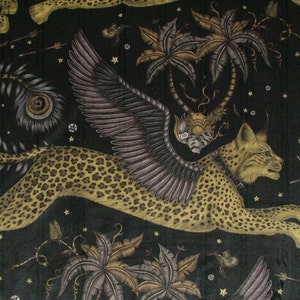 May include: A black background with a gold and brown winged leopard with a black collar. The leopard is flying through the air with its wings spread out. There are stars and palm trees in the background.
