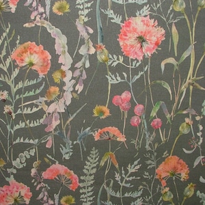 Country Journal Slate Grey Linen And Cotton Blend Floral Fabric Curtain Cushion Upholstery